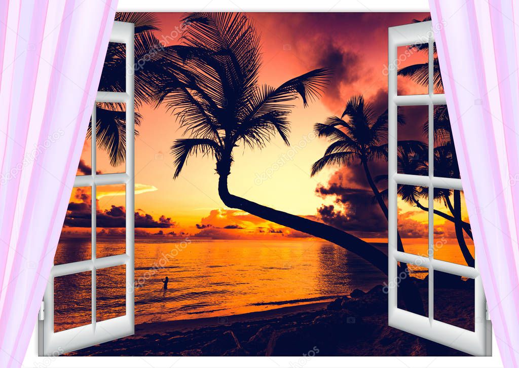 open window with sea sunset view