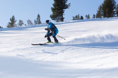 Bulgaristan. Bansko. 10 Şubat 2020. Büyük kar tarlasında kayak yapan kayakçı. Kar tozu sıçratıyor.