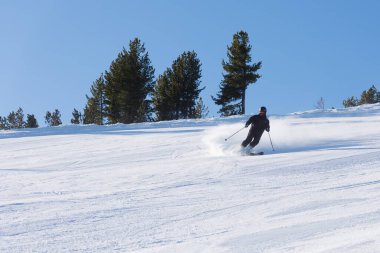 Bulgaristan. Bansko. 10 Şubat 2020. Büyük kar tarlasında kayak yapan kayakçı. Kar tozu sıçratıyor.