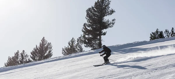 Bulgaria Bansko February 2020 Skier Riding Huge Snowfield Splashing Powder — Stock Photo, Image