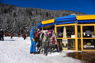 Bulgaristan. Bansko. 15 Şubat 20.Bansko kayak istasyonu, Banderishka Polyana 'da Kolarski kayak asansörü, kayak pistlerinde ve dağlarda kayakçılar. Çam ağaçlarıyla, millet. Sno