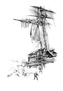 Deniz ya da okyanus sanat illüstrasyon gemi