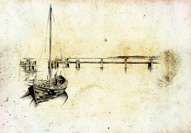 Vintage gemi deniz ya da okyanus sanat illüstrasyon