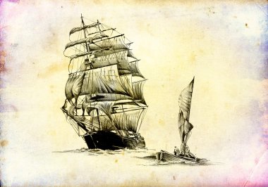 Vintage gemi deniz ya da okyanus sanat illüstrasyon