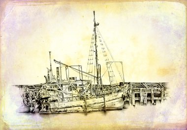 Vintage gemi deniz ya da okyanus sanat illüstrasyon