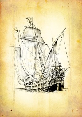 Vintage gemi deniz ya da okyanus sanat illüstrasyon