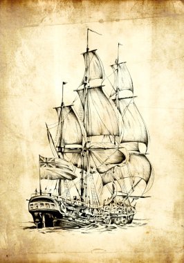 Vintage gemi deniz ya da okyanus sanat illüstrasyon