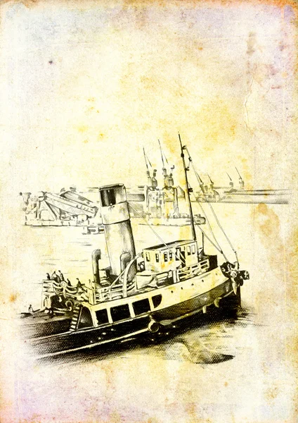 老式船在大海或海洋艺术图 — 图库照片