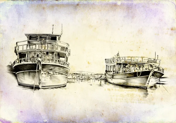Vintage schip op de zee of Oceaan kunst illustratie — Stockfoto