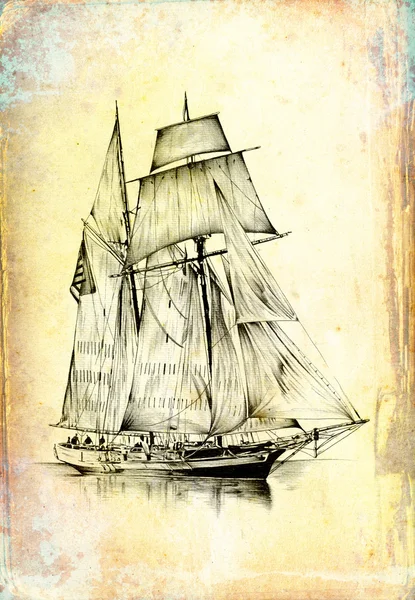 Vintage gemi deniz ya da okyanus sanat illüstrasyon