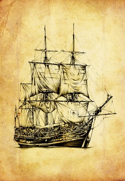 Barco de época en el mar o el océano ilustración de arte — Foto de Stock