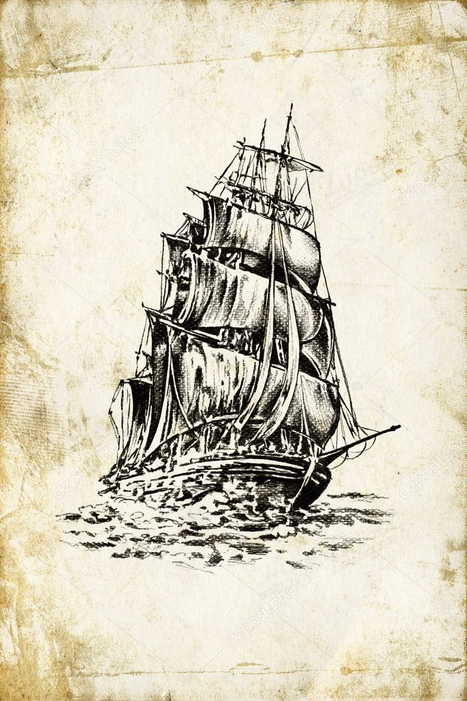 Vintage ship on the sea or ocean art illustration