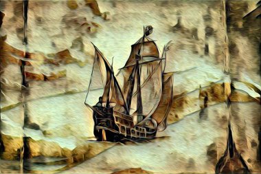 Deniz ya da okyanus sanat illüstrasyon gemi