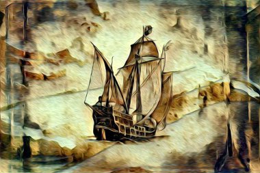 Deniz ya da okyanus sanat illüstrasyon gemi