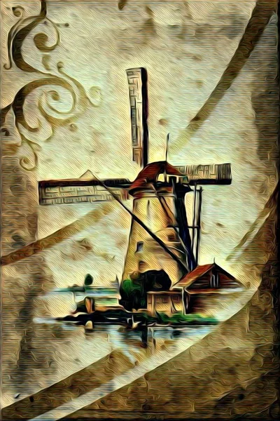 Windmolen oude retro vintage schilderij — Stockfoto