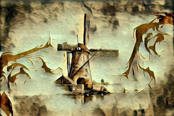 Ветряная мельница старая ретро-винтажная живопись — стоковое фото