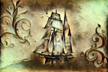 Deniz ya da okyanus sanat illüstrasyon gemi