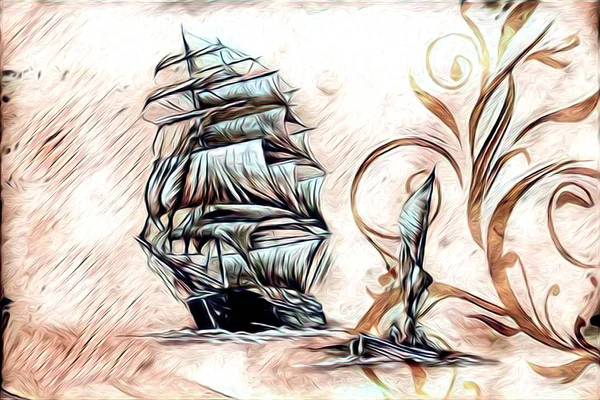 Ship on the sea or ocean art illustration — Stock Photo, Image