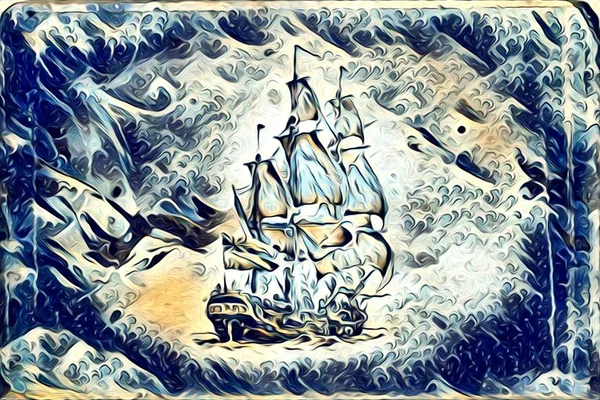 Het schip op de zee of Oceaan kunst illustratie — Stockfoto