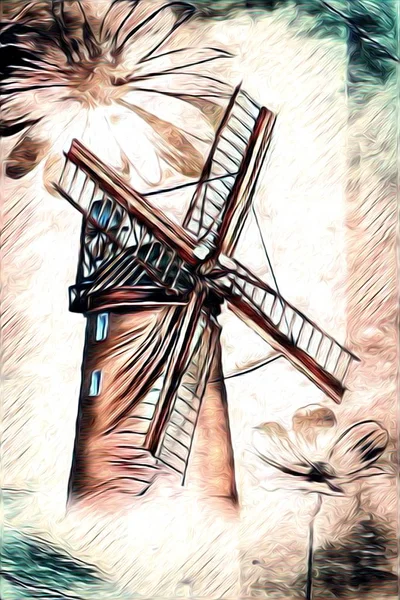 windmill old retro vintage painting