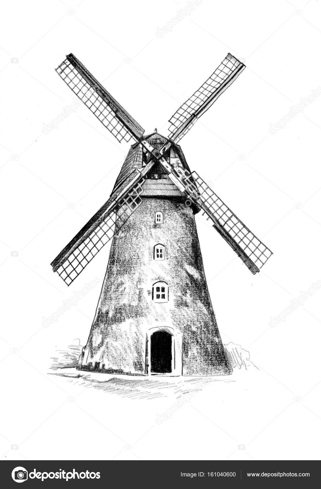 Line Drawing Windmill : Water pumping windmill antique drawing ca hand drawn