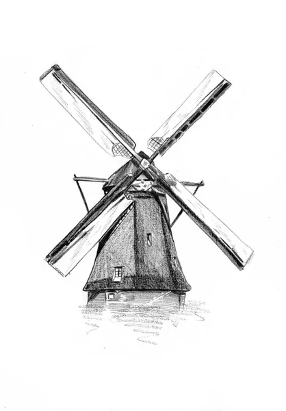 Ветряная мельница старый ретро-винтажный рисунок — стоковое фото