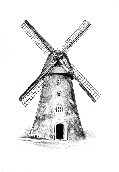 Větrný mlýn starý retro vintage kresba — Stock fotografie