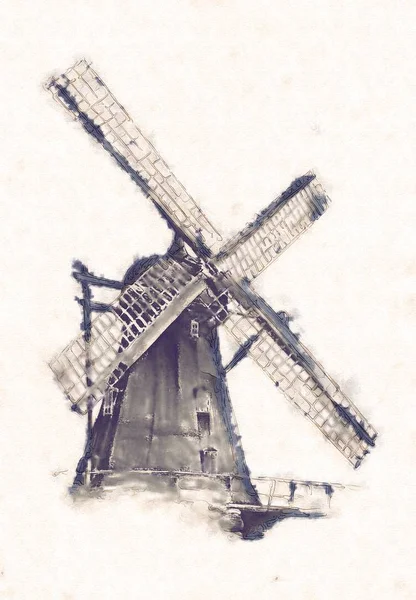 Windmolen oude retro vintage tekening — Stockfoto