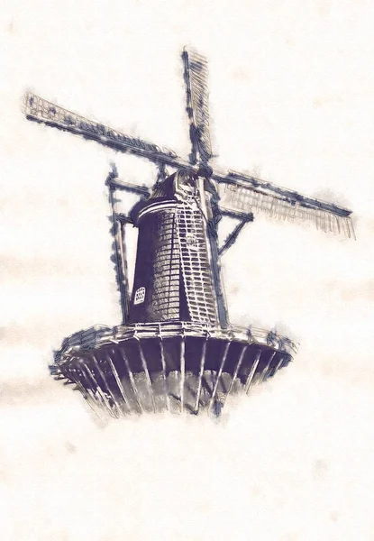 Вітряк старий ретро вінтажний малюнок — стокове фото