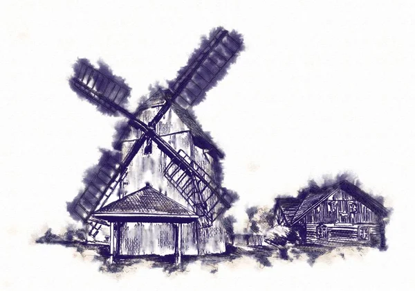 yel değirmeni eski retro vintage çizim