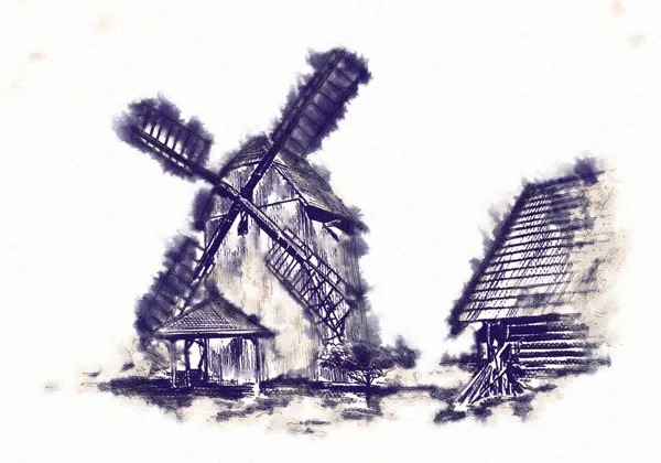Windmühle alte Retro-Vintage-Zeichnung — Stockfoto