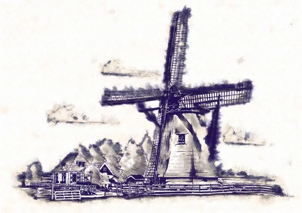 Windmolen oude retro vintage tekening — Stockfoto