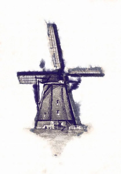 风车旧复古老式绘图 — 图库照片