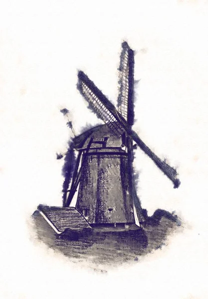 Stare retro rysunek starodawny wiatrak — Zdjęcie stockowe
