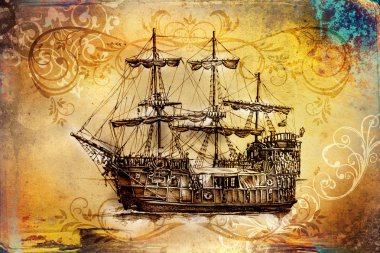 Deniz ya da okyanus sanat illüstrasyon gemi