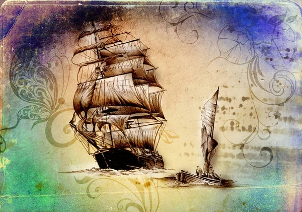 Deniz ya da okyanus sanat illüstrasyon gemi — Stok fotoğraf
