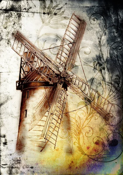 Windmolen oude retro vintage tekening — Stockfoto