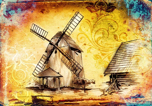 Windmill old retro vintage drawing — Stock Photo, Image