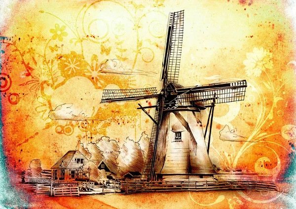 Windmill old retro vintage drawing — Stock Photo, Image