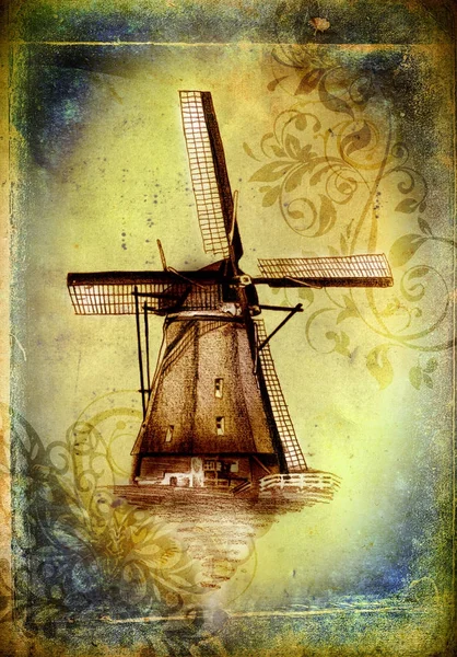 yel değirmeni eski retro vintage çizim