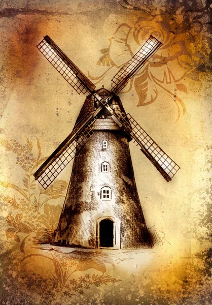 Stare retro rysunek starodawny wiatrak — Zdjęcie stockowe