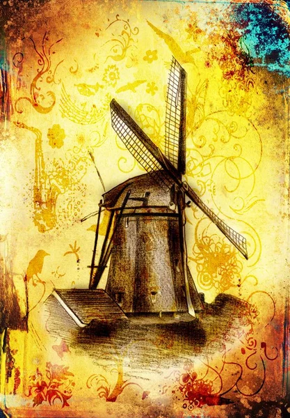 Moinho de vento velho retro vintage desenho — Fotografia de Stock