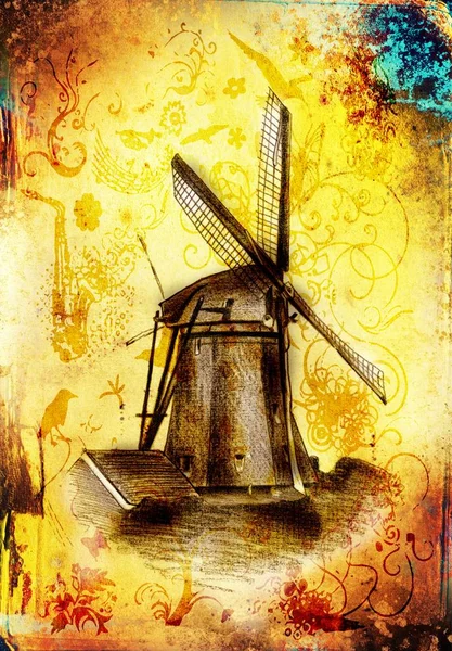 Windmill old retro vintage drawing — Stock Photo, Image