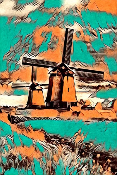 windmill old retro vintage art painting