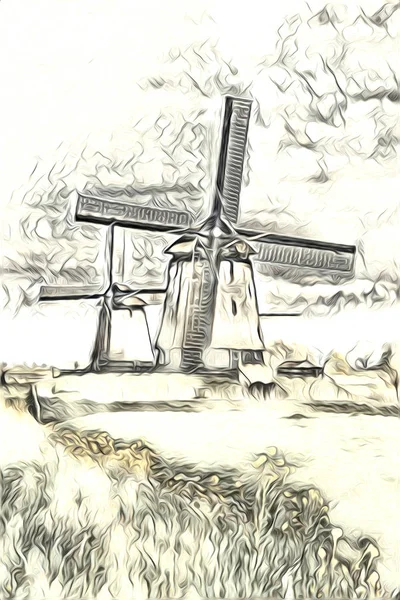 Windmolen Van Oude Retro Vintage Kunst Schilderij — Stockfoto