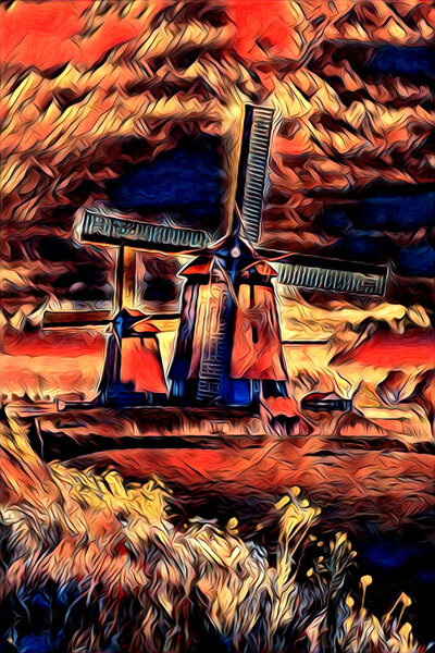 windmill old retro vintage art painting