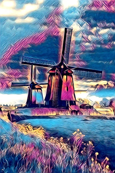 Windmühle Alte Retro Vintage Art Malerei — Stockfoto