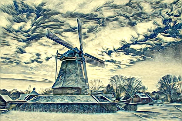 windmill old retro vintage art painting