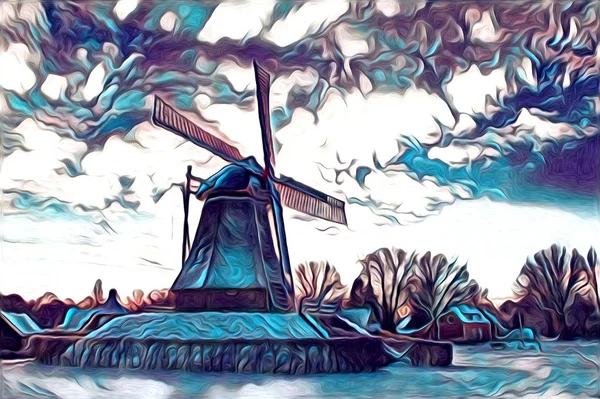 Windmolen Van Oude Retro Vintage Kunst Schilderij — Stockfoto