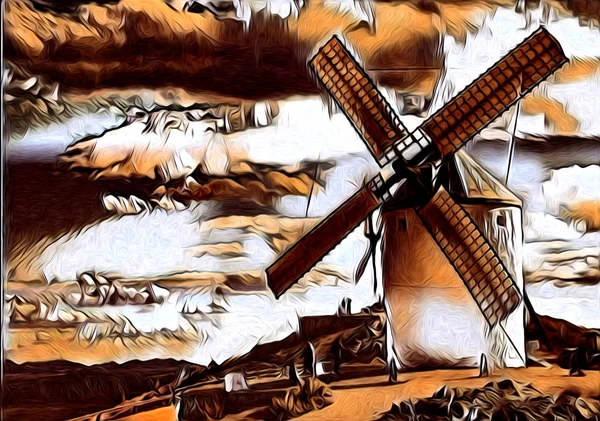 Ветряная Мельница Старая Ретро Винтажная Живопись — стоковое фото